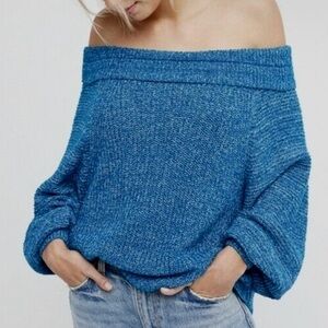 Free People Off-Shoulder Knit Sweater Balloon Sleeves S Small GUC Blue Speckled